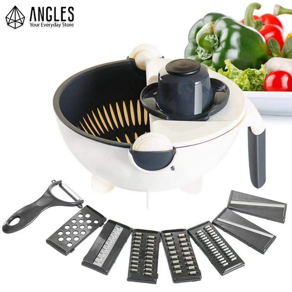 7-piece set Shredder, vegetable cutting board, vegetable cutting machine  function, shredder bowl, drain basket, wipe potato, shredder White Grey